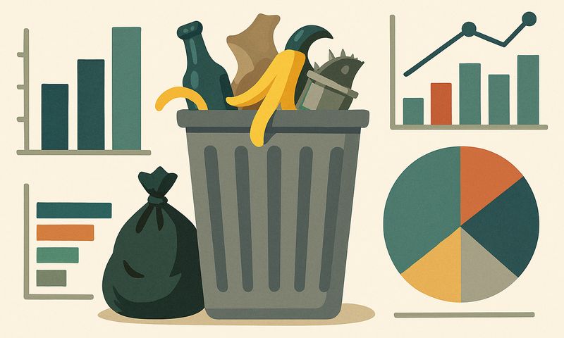 Abfallstatistik Quelle: Copilot Ein Abfalleimer vor mehreren Grafiken.